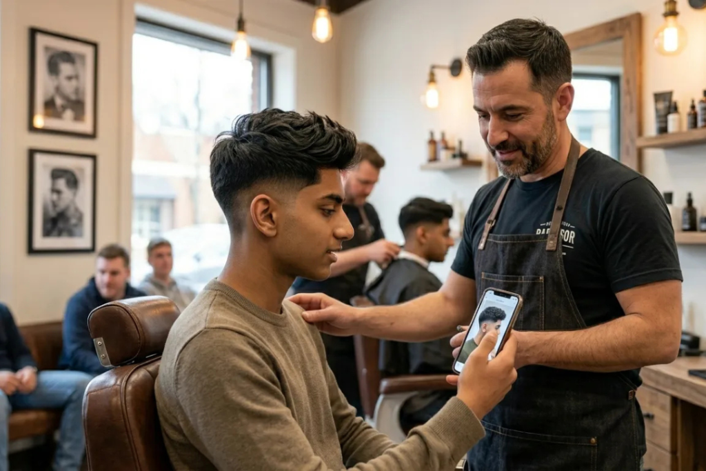 A student in a barbershop showing a reference photo of a low taper fade on his phone to a barber.