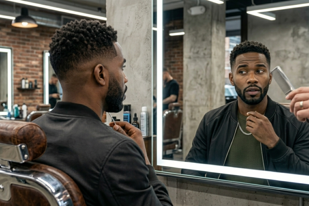 A man sitting in a barber chair looking at his fresh low taper fade and goatee in the mirror during a grooming session.
