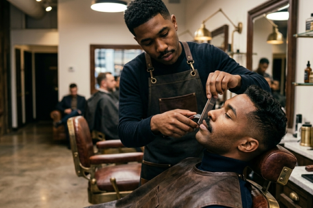 An interior photograph with selective focus on a barber’s hands using trimmers and a comb to detail a client’s mustache within a modern, upscale barbershop setting, with a vintage leather chair visible.
