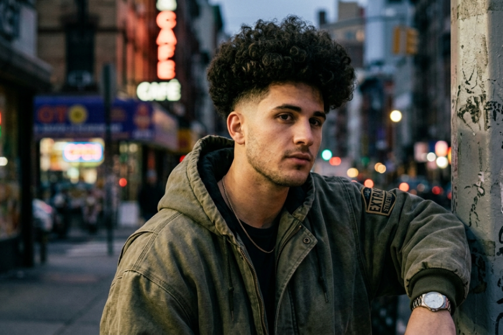 Young man with voluminous tight curls on top and a clean low taper fade wearing an oversized olive streetwear jacket.