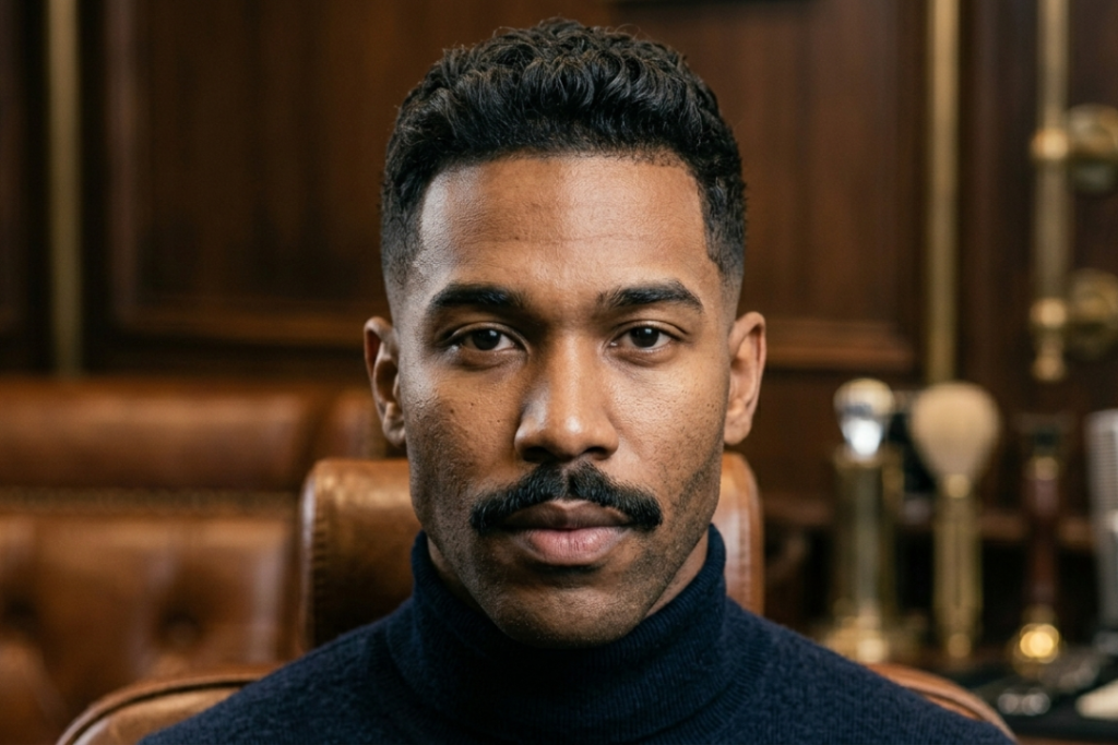 A frontal portrait of a masculine model with a thick, wide chevron mustache and a clean low taper fade haircut, set against a blurred classic barber aesthetic background.