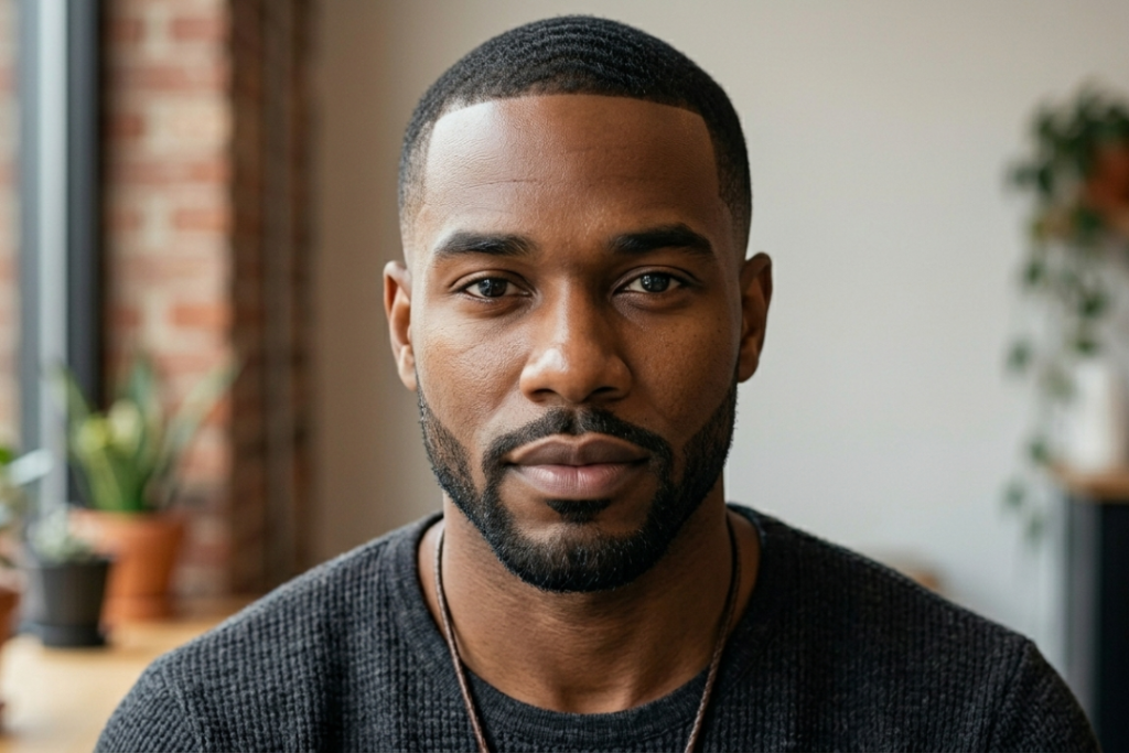 Front-facing portrait of a man with a square jawline featuring a neat chin strap goatee and a low taper fade.