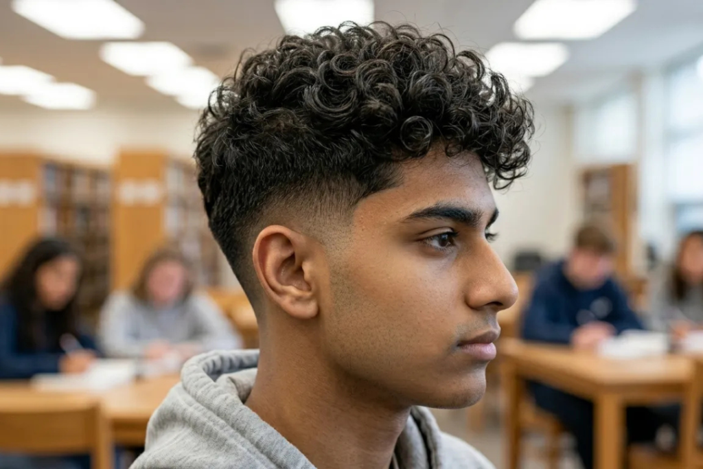 Close-up of a student with natural curls on top and a sharp low taper fade on the sides in a school library.