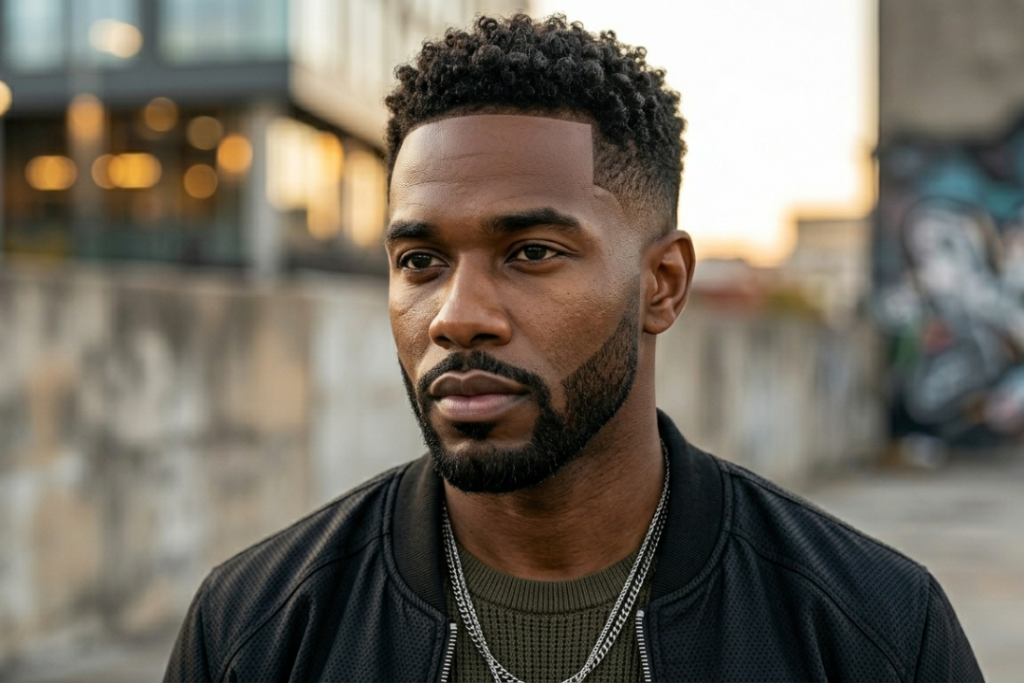 A Black man with natural curly hair on top, a sharp edge-up, and a groomed circle beard paired with a low taper fade.