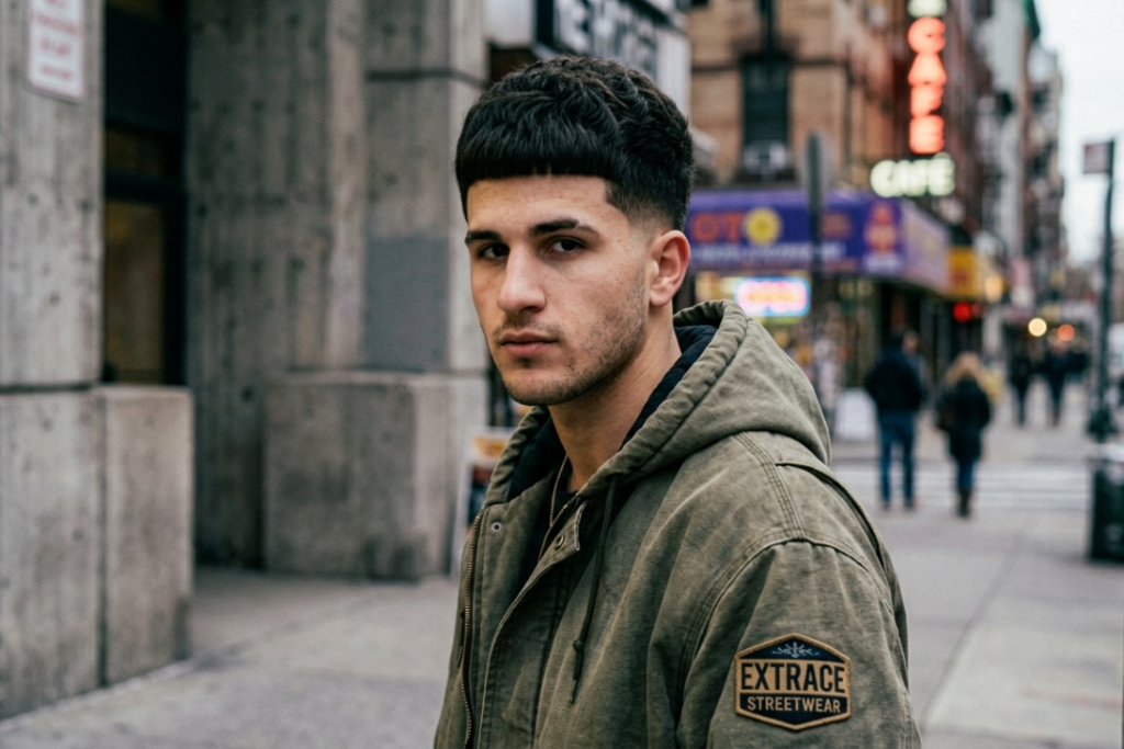 Front-angle shot of an Edgar haircut featuring a straight blunt fringe and low taper fade against an urban background.