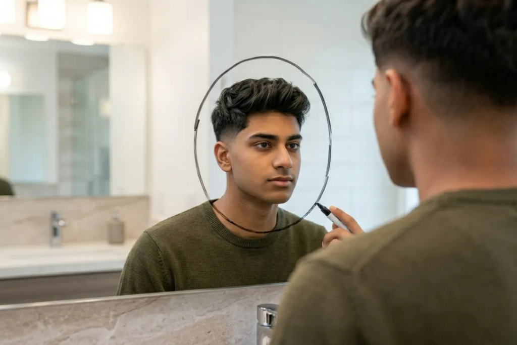 Person tracing an oval face shape on a bathroom mirror to determine the best haircut style.
