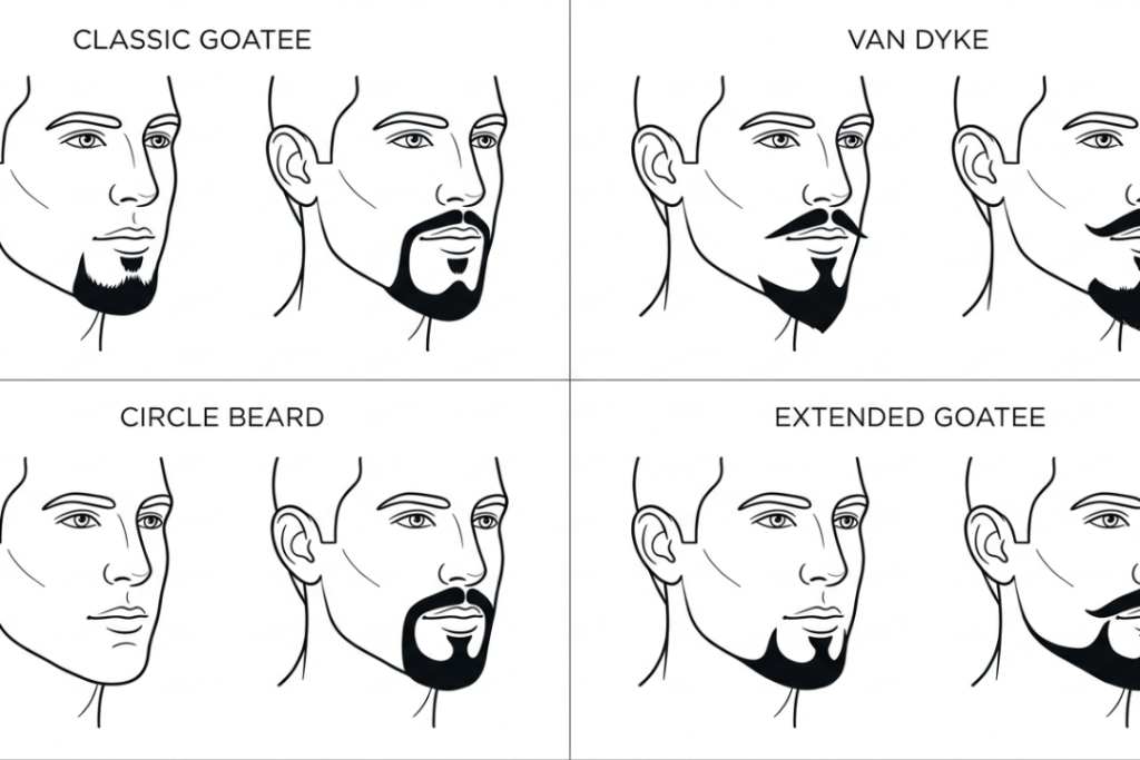 A minimalist line art grid illustrating the differences between a classic goatee, Van Dyke, circle beard, and extended goatee.