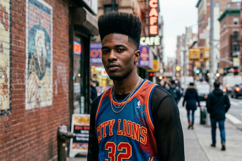 Black man with a tall textured high top and precision low taper fade wearing a vibrant vintage basketball jersey.