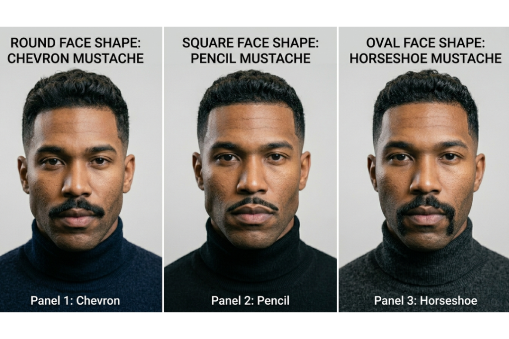 An educational infographic layout in a grid format, featuring three different men with round, square, and oval face shapes, each demonstrating a low taper fade paired with an appropriate mustache style: chevron, pencil and horseshoe.