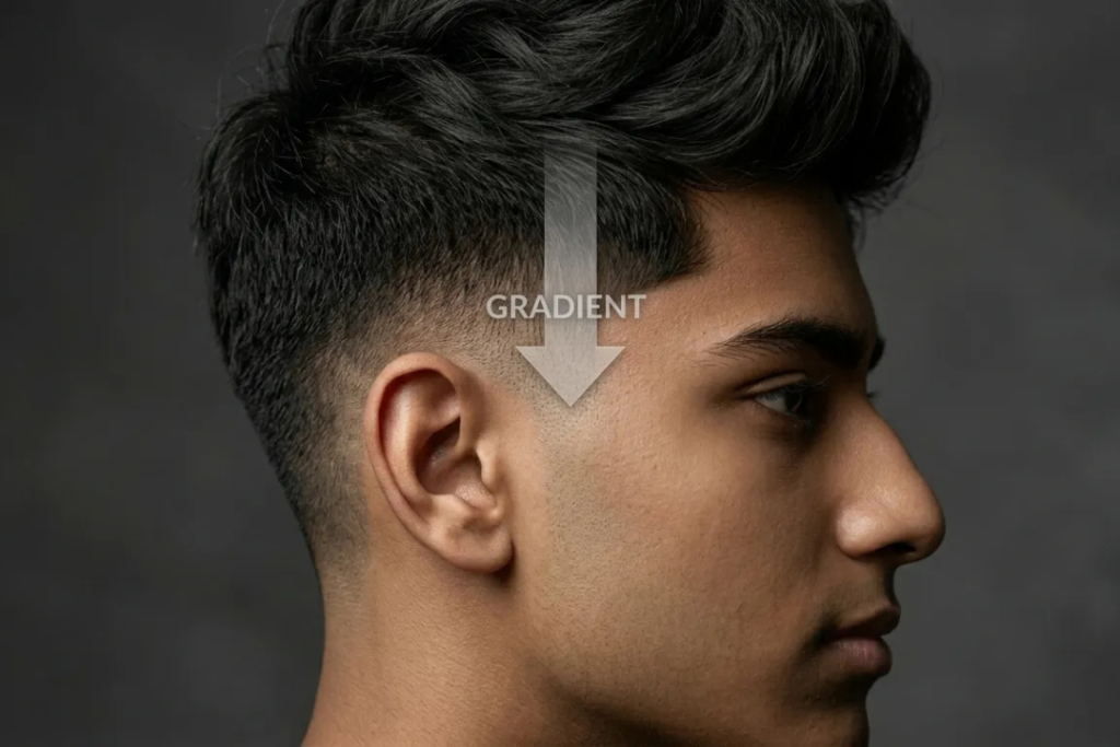 Close-up of a taper fade with a "Gradient" arrow illustrating the transition from long to short hair.