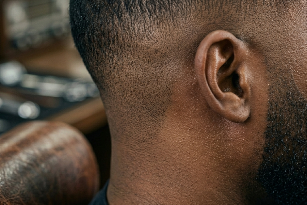 Macro close-up of a low taper fade showing clean clipper lines and hair tapering into the skin behind the ear and neckline.