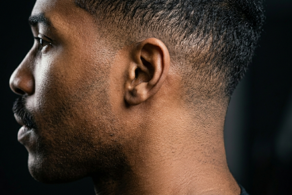 A sharp macro photograph focusing tightly on a man's neckline and ear, illustrating a precise low taper fade where the hair seamlessly gradients into the skin at the nape of the neck.