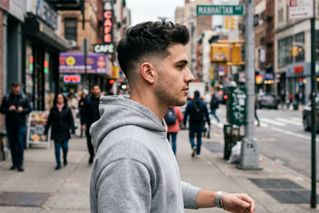 Side profile view of a man with a textured top and clean low taper fade wearing a grey hoodie in an urban city setting.