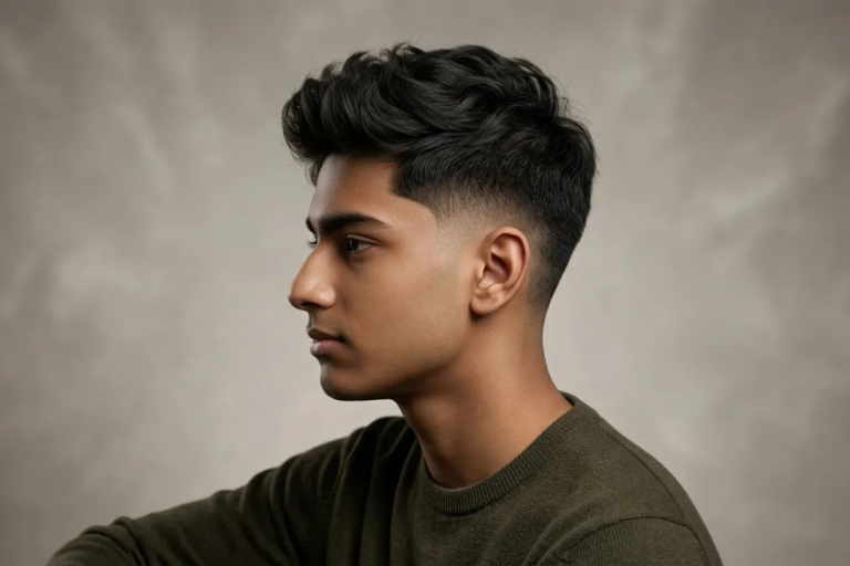 Side profile of a stylish teenage male with a fresh low taper fade and textured hair on top.