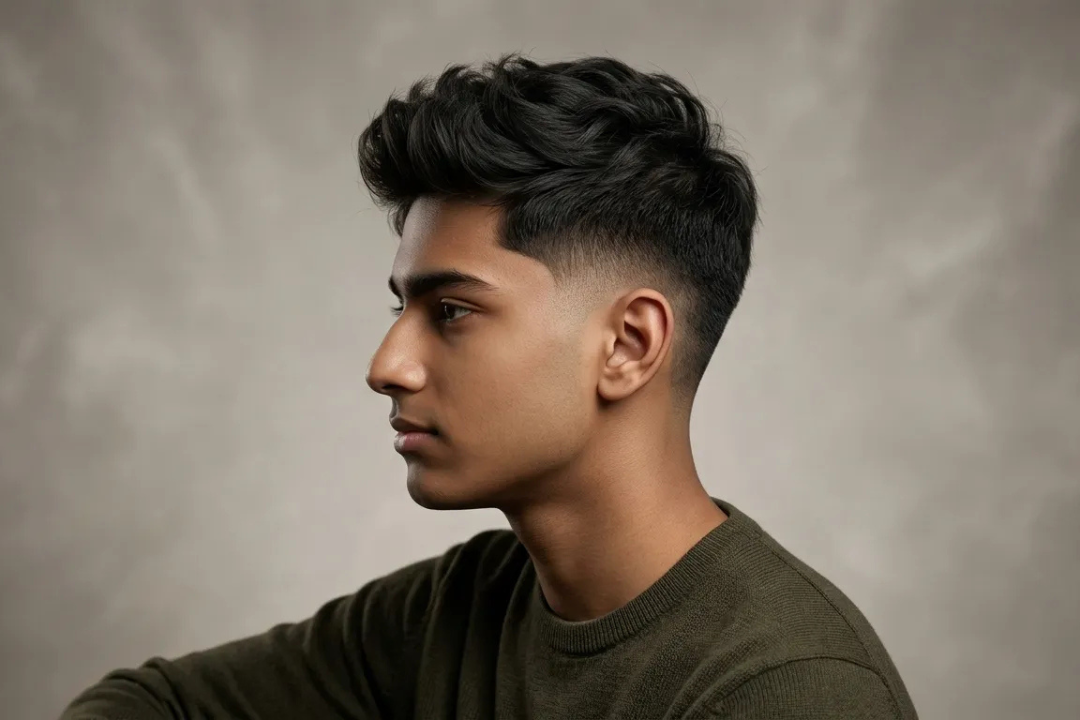 Side profile of a stylish teenage male with a fresh low taper fade and textured hair on top.