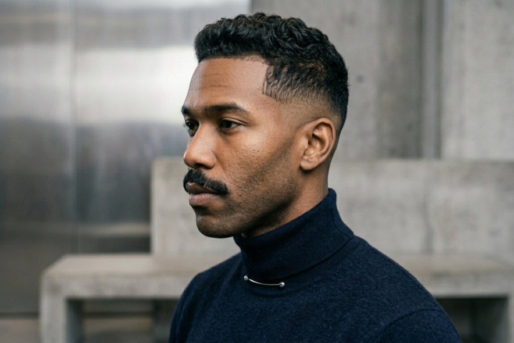 An editorial-style photograph capturing a man with high-fashion grooming, featuring a sharp, thin pencil mustache and a precisely edged low taper fade.