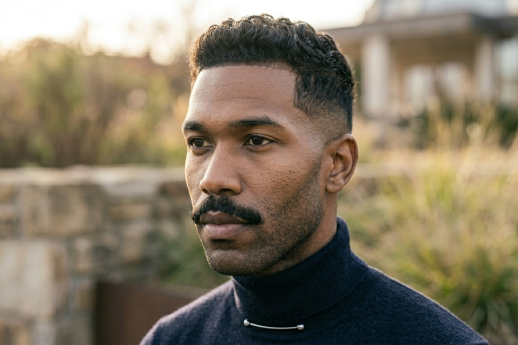 A medium shot in outdoor lighting of a man with a rugged but polished look, showcasing a heavy mustache paired with 3-day designer stubble and a low taper fade.