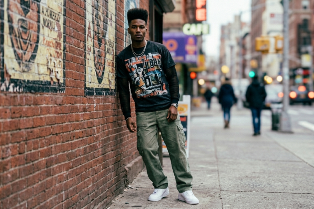 Full-body streetwear fashion shot of a man wearing cargo pants and white sneakers with a sharp low taper fade.