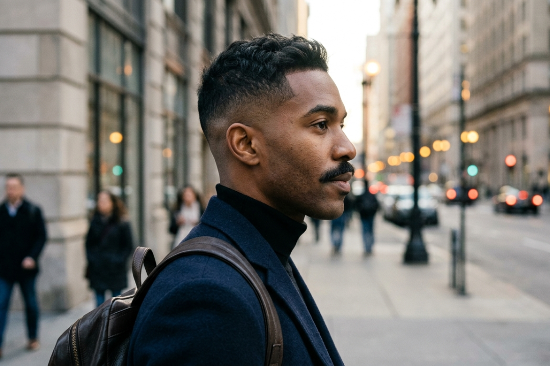 A cinematic profile photograph of a stylish man with a clean low taper fade haircut and a well-groomed chevron mustache, walking down a blurred city street in soft natural light.