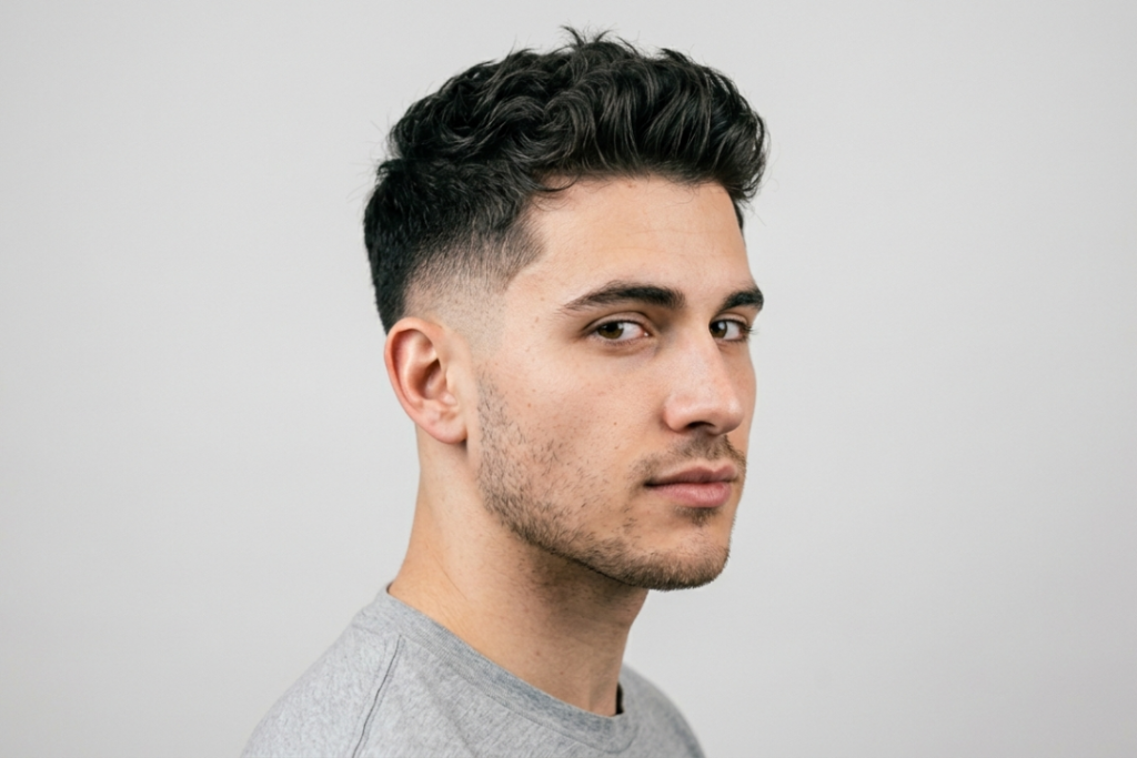 Three-quarter view portrait of a textured crop haircut with a low taper fade on a neutral background for barber reference.