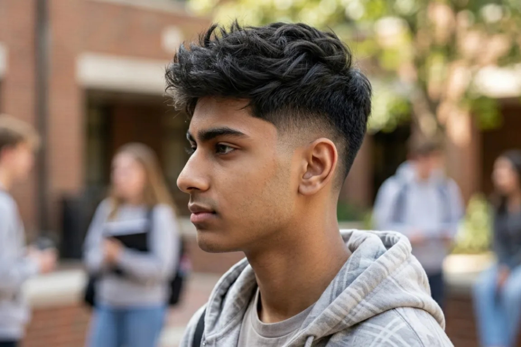 A male student with a modern messy textured crop top and a clean low taper fade in a daylight setting.
