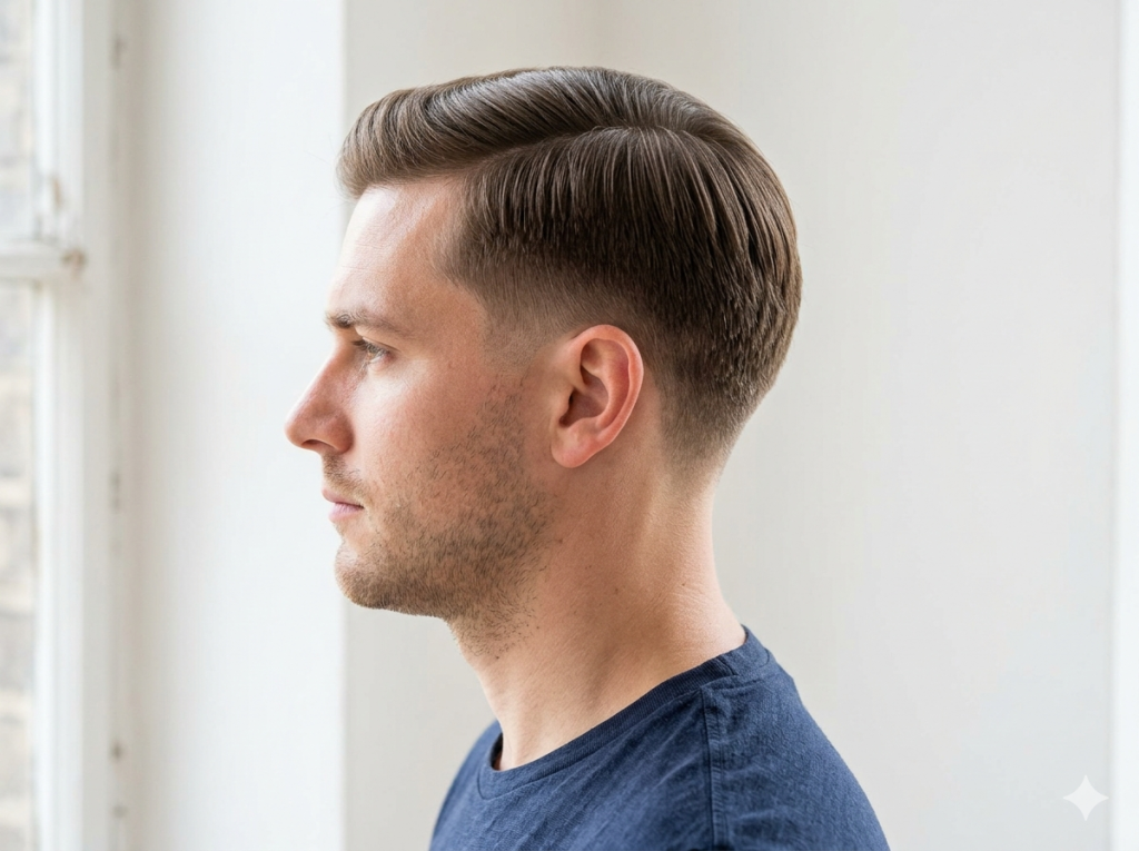 Low Taper Fade Styles for Straight Hair: Best Haircuts for Men Side view of a Caucasian man with neat straight brown hair featuring a classic low taper fade with a natural finish.