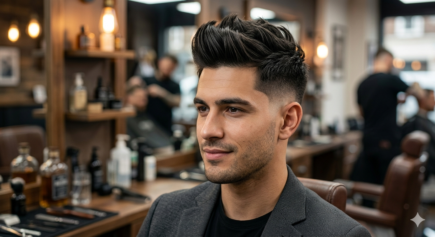 Side profile of a man with a clean low taper fade and a styled faux hawk ridge.