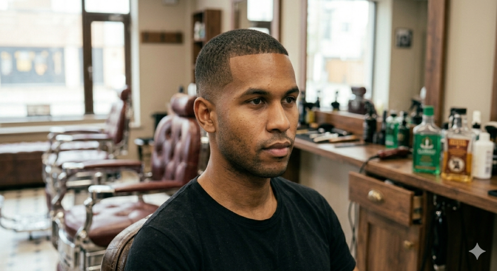 A front three-quarter view of a man with a clean low taper fade buzz cut sitting in a vintage barber chair.