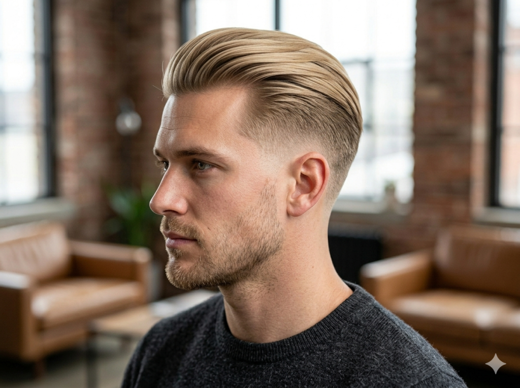 Low Taper Fade Styles for Straight Hair: Best Haircuts for Men A modern slick back hairstyle on a man with straight blonde hair and a crisp low taper fade.