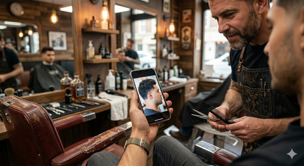 A groom showing a reference photo of a low taper fade to his barber before his wedding.