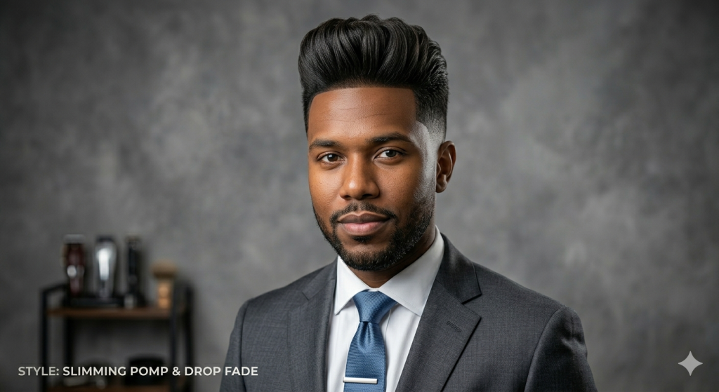 A man with a round face wearing a drop fade and pompadour to create a slimmer facial appearance.