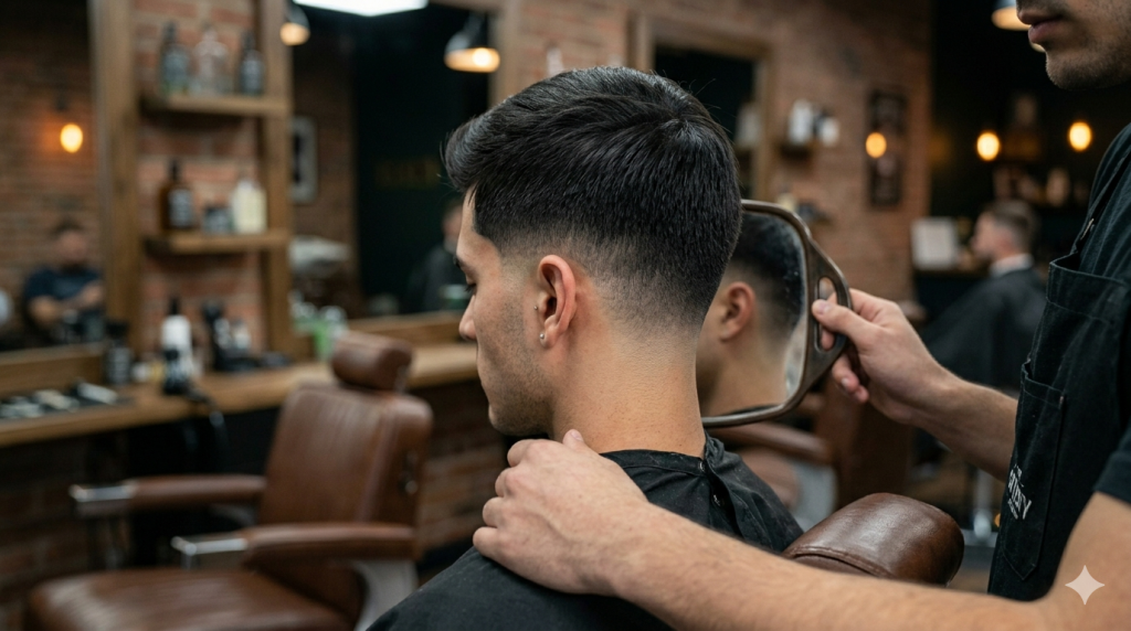 Low Taper Fade Styles for Straight Hair: Best Haircuts for Men Rear and side view of a man in a barber chair with a perfectly blended neckline and clean low taper fade shown in a mirror