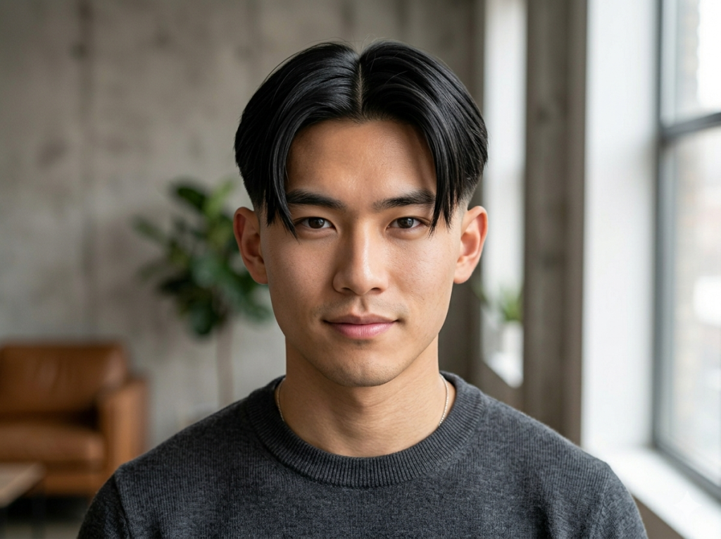 Low Taper Fade Styles for Straight Hair: Best Haircuts for Men Front view of an Asian man with a 90s-inspired middle part curtain hairstyle and tight faded sides.