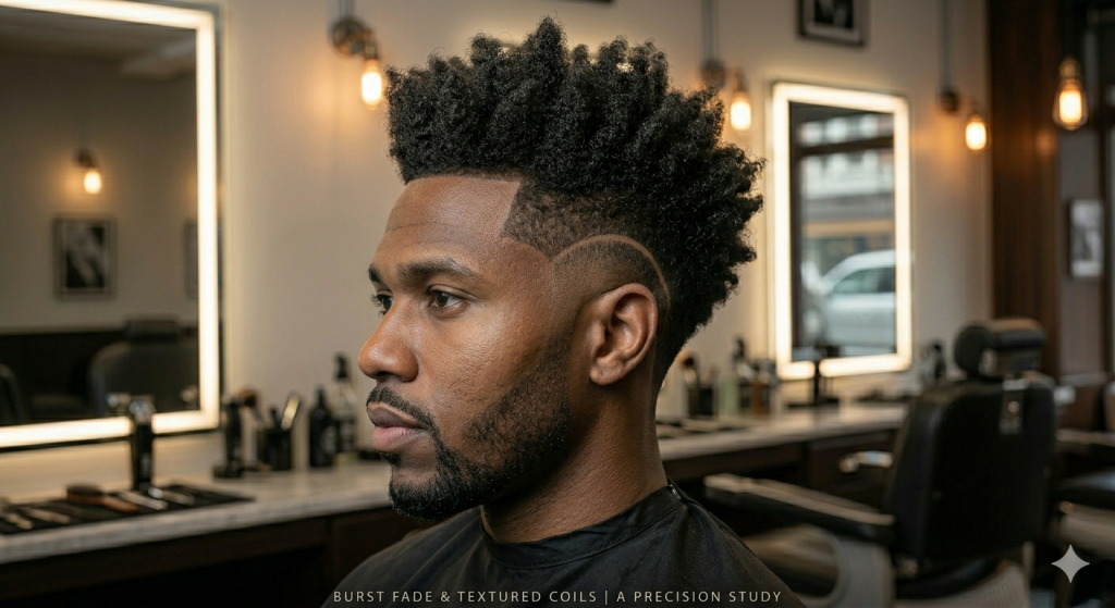 A stylish burst fade haircut on thick curly hair, highlighting the natural texture and contrast.