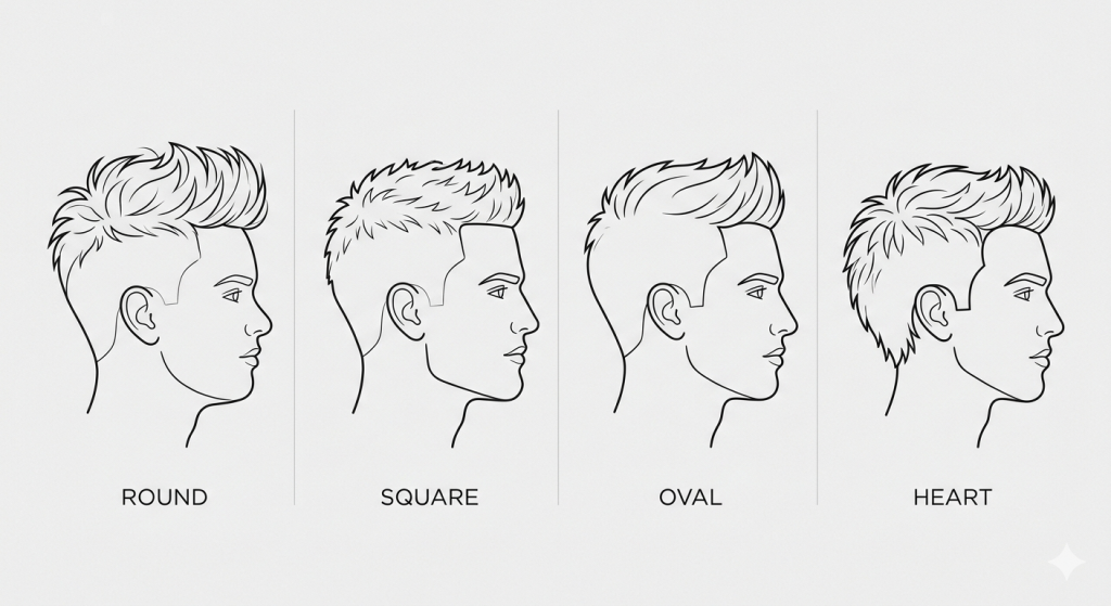 Line art diagram showing how different faux hawk heights complement round, square, oval, and heart face shapes.