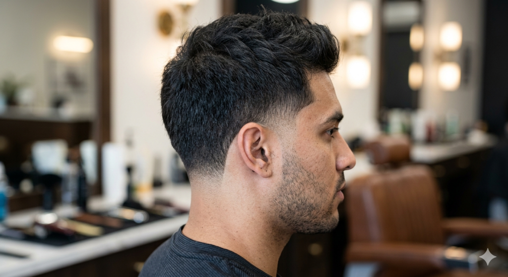 Close-up of a settled low taper fade 4 days post-haircut, ideal for wedding photography.