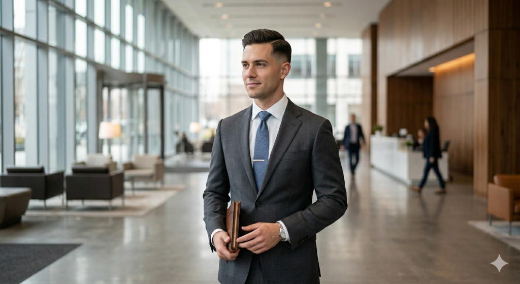 A professional man in a suit with a clean low taper fade hairstyle for a business setting.
