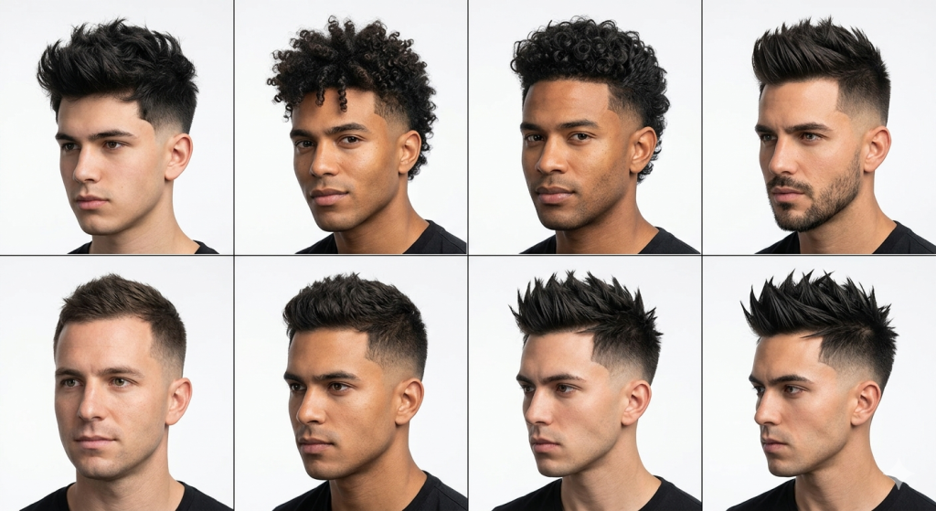A comparison grid showing textured, curly, short, and spiky faux hawk variations with low taper fades.