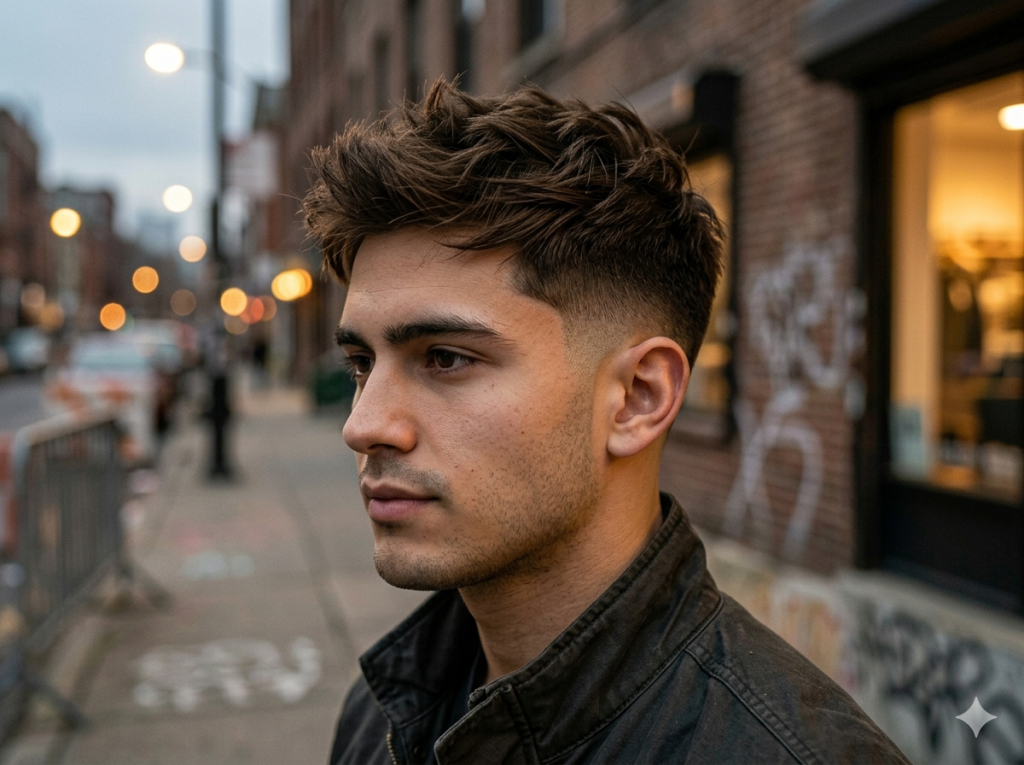 Low Taper Fade Styles for Straight Hair: Best Haircuts for Men A young man with straight brown hair styled into a messy textured crop with a sharp low taper fade.
