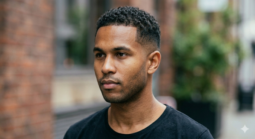 Close-up shot of a man showing natural curly hair texture on top with a smooth low taper fade around the ears.