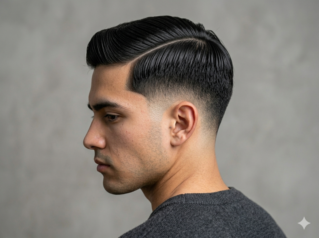 Low Taper Fade Styles for Straight Hair: Best Haircuts for Men Close-up side profile of a man with neat straight black hair featuring a crisp side part and smooth low taper fade, captured in a clean studio setting.