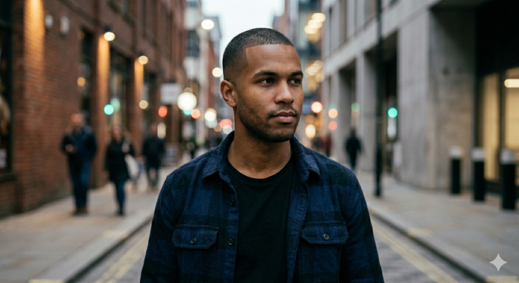 A modern man with a sharp line-up low taper buzz cut perfectly blended into a short beard, photographed on a trendy city street.