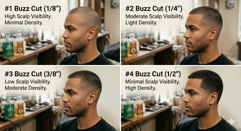 A 4-panel hair guard comparison chart showing a #1, #2, #3, and #4 buzz cut with descriptions of scalp visibility and hair density.