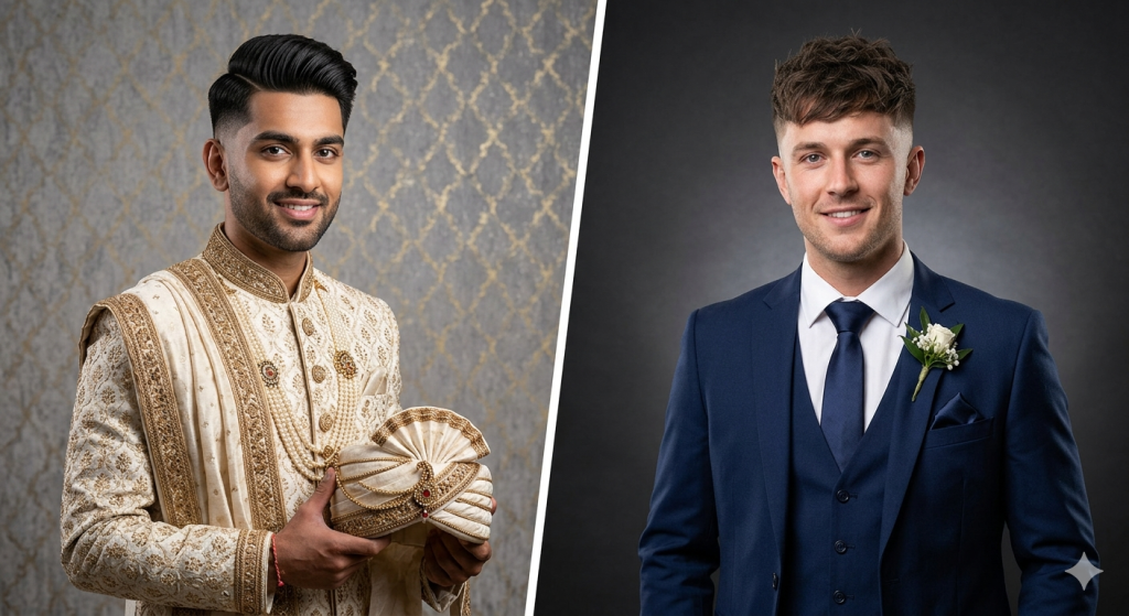 Comparison of a traditional side part quiff and a modern textured crop with low taper fades for grooms.