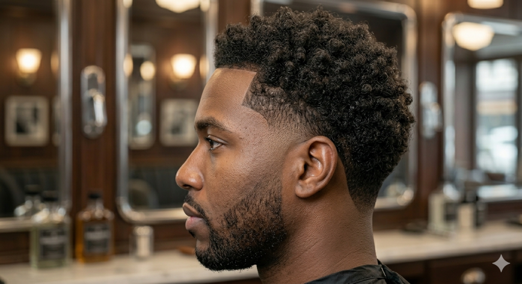 Close-up of a drop fade haircut showing the signature curve behind the ear and sharp neckline.