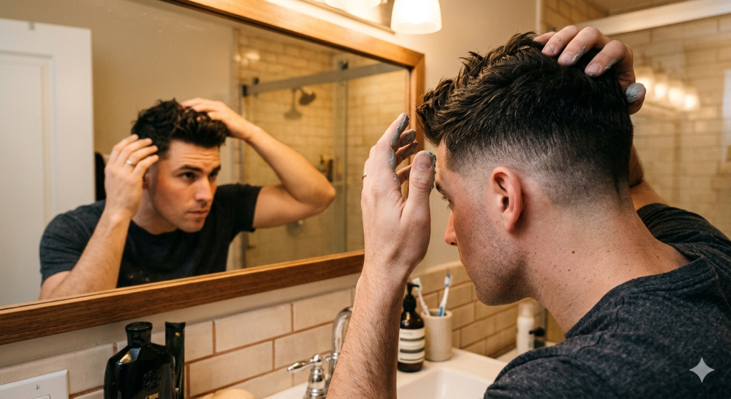 A man applying hair styling product to a textured low taper fade in front of a bathroom mirror.