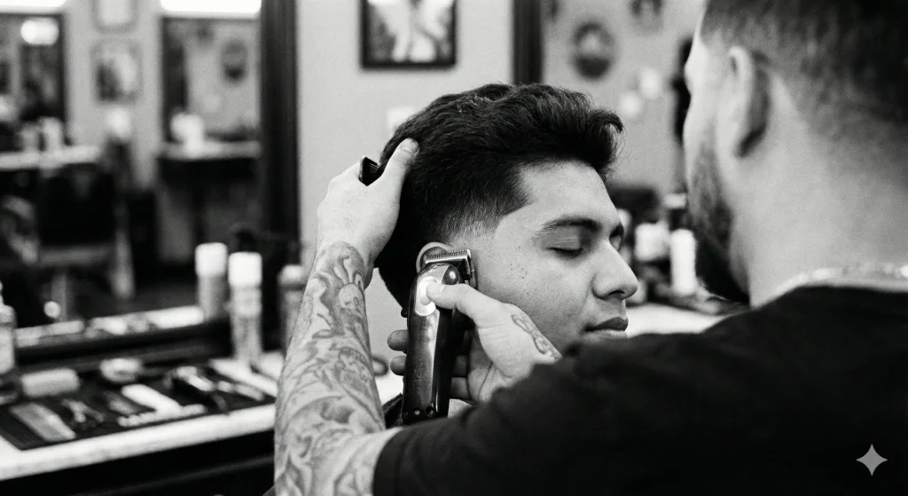 Barber using clippers to create a precision low taper fade on a Hispanic client.