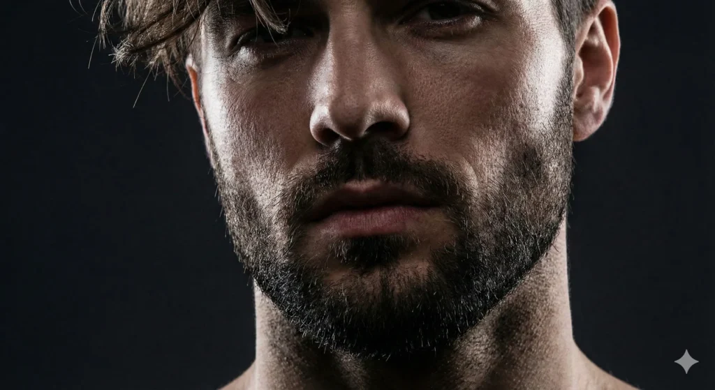 Best Haircuts for Diamond Face Shape Close-up of a short boxed beard grooming style that widens the jawline for men with diamond face shapes.