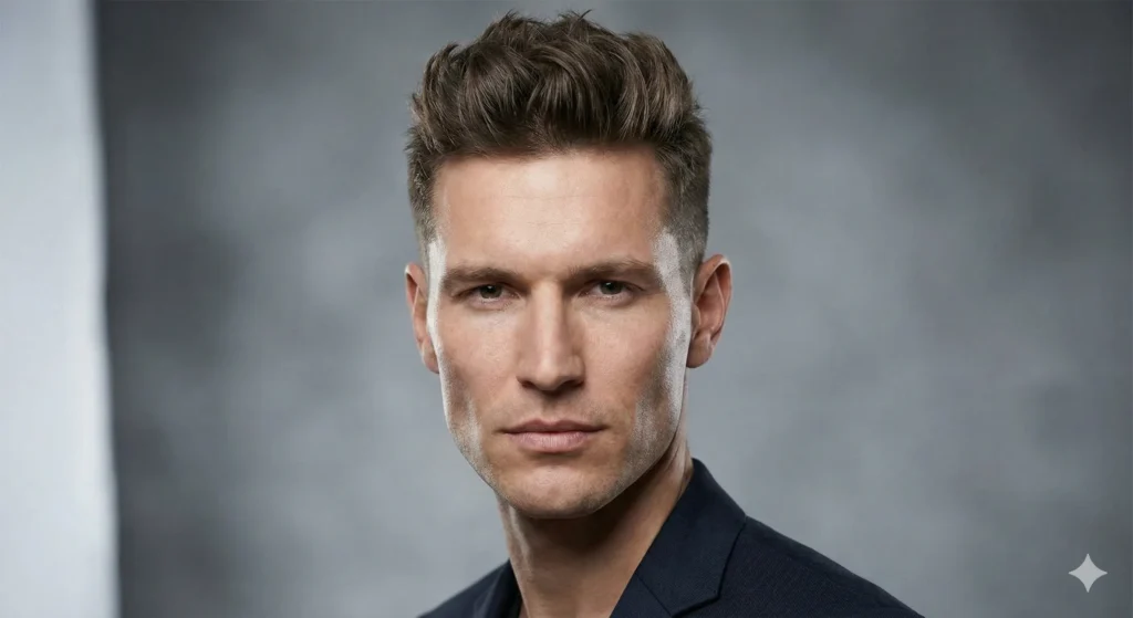 Stylish man with a diamond face shape wearing a textured quiff haircut to balance wide cheekbones.
