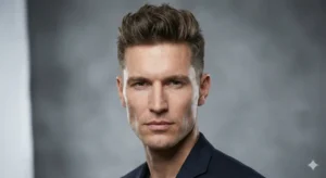 Stylish man with a diamond face shape wearing a textured quiff haircut to balance wide cheekbones.